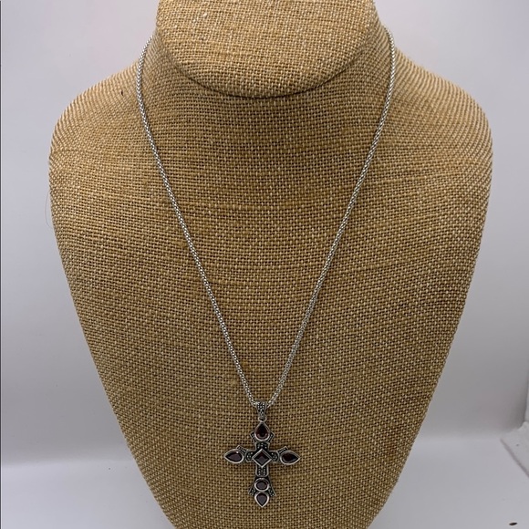 Silver Tone Ruby Red Cross Pendant Necklace - Picture 3 of 5
